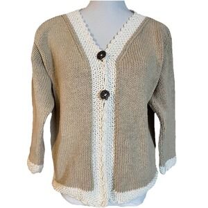 80s PURE Hand Knit Cropped Cardigan L/XL Beige Cotton White Trim Button Cottage